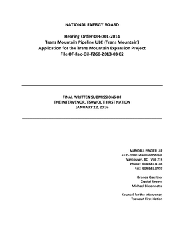 NATIONAL ENERGY BOARD Hearing Order OH-001-2014 Trans