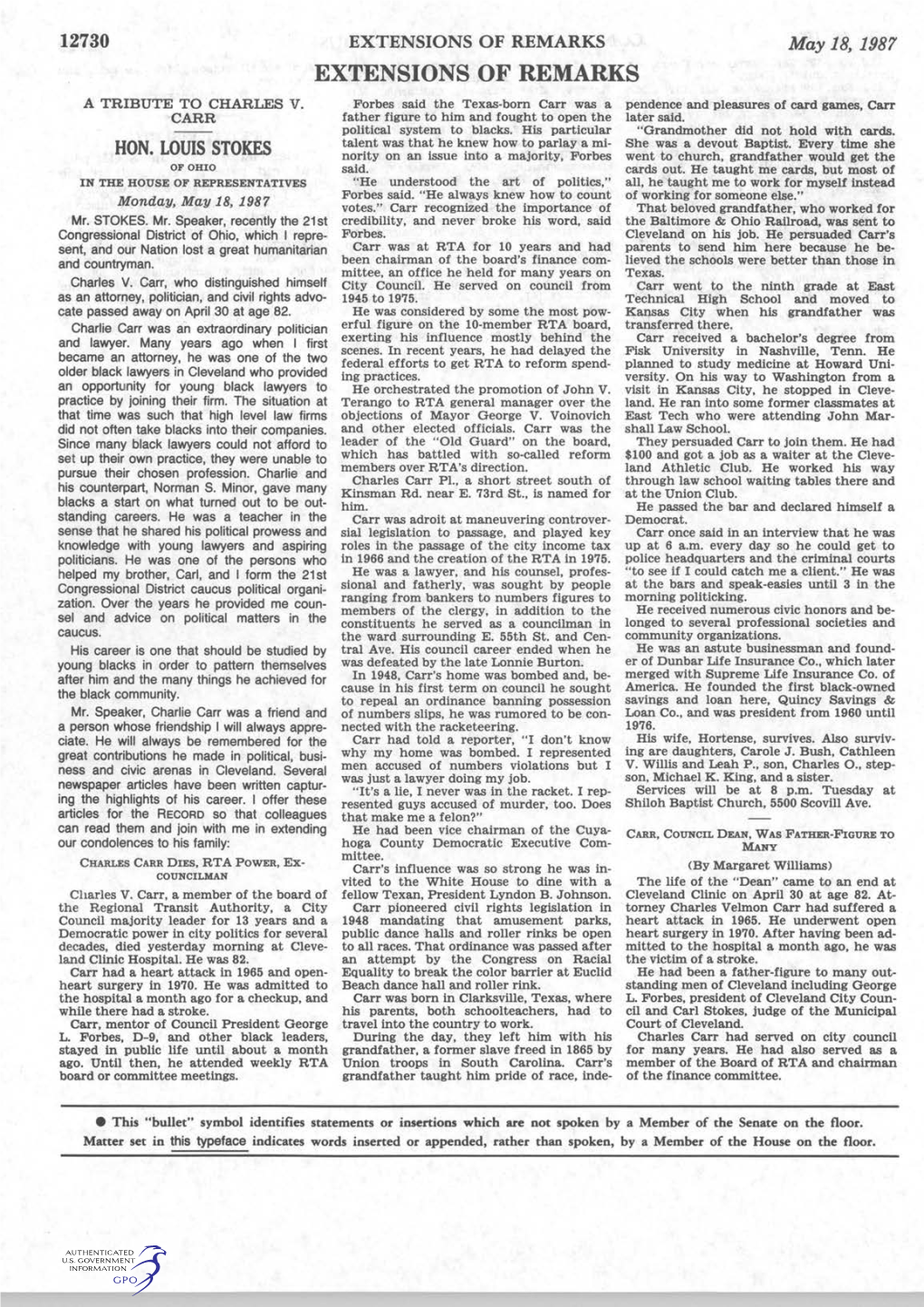 EXTENSIONS of REMARKS May 18, 1987 EXTENSIONS of REMARKS a TRIBUTE to CHARLES V