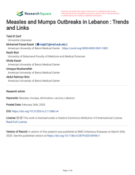 Measles and Mumps Outbreaks in Lebanon : Trends and Links