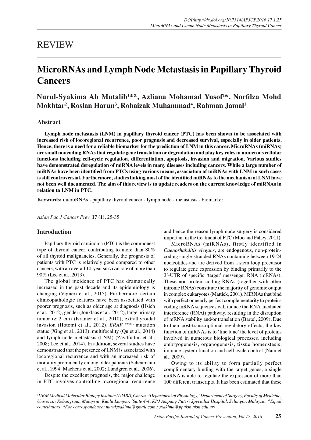 REVIEW Micrornas and Lymph Node Metastasis in Papillary Thyroid Cancers
