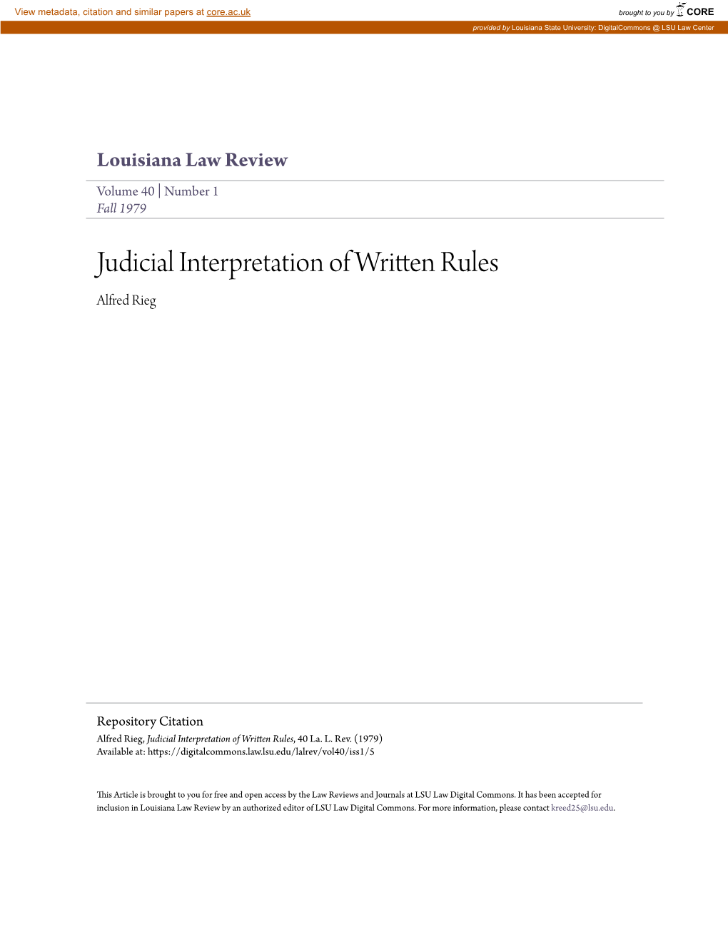 Judicial Interpretation of Written Rules Alfred Rieg