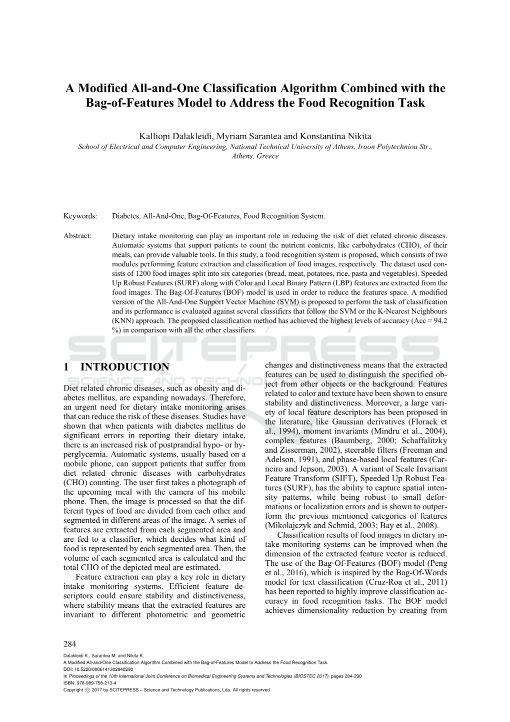 A Modified All-And-One Classification Algorithm Combined with the Bag-Of-Features Model to Address the Food Recognition Task