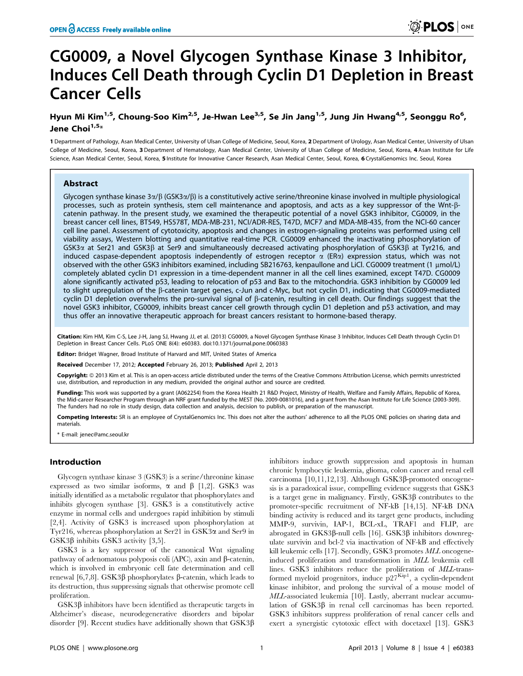 CG0009, a Novel Glycogen Synthase Kinase 3 Inhibitor, Induces Cell Death Through Cyclin D1 Depletion in Breast Cancer Cells