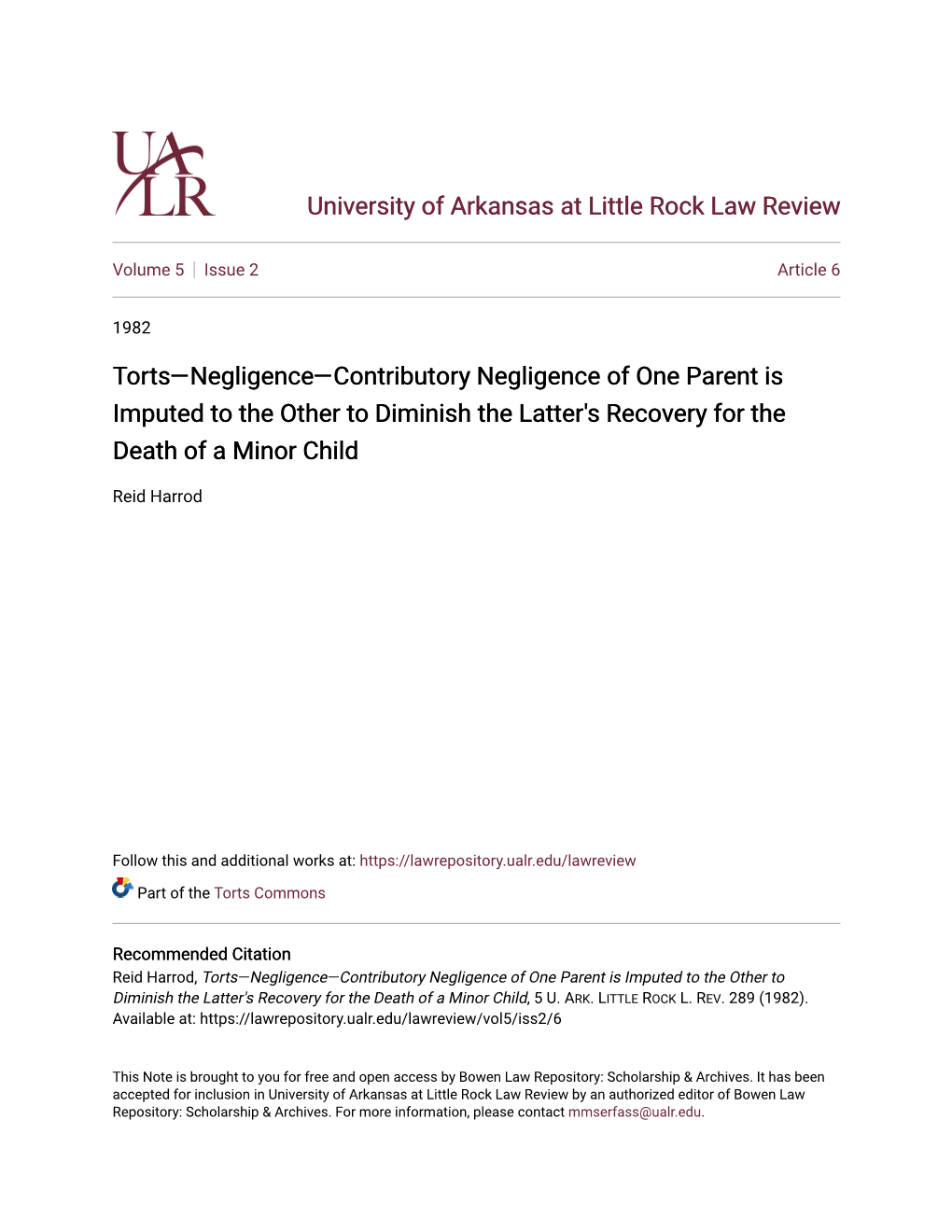 Torts—Negligence—Contributory Negligence of One Parent Is Imputed to the Other to Diminish the Latter's Recovery for the Death of a Minor Child