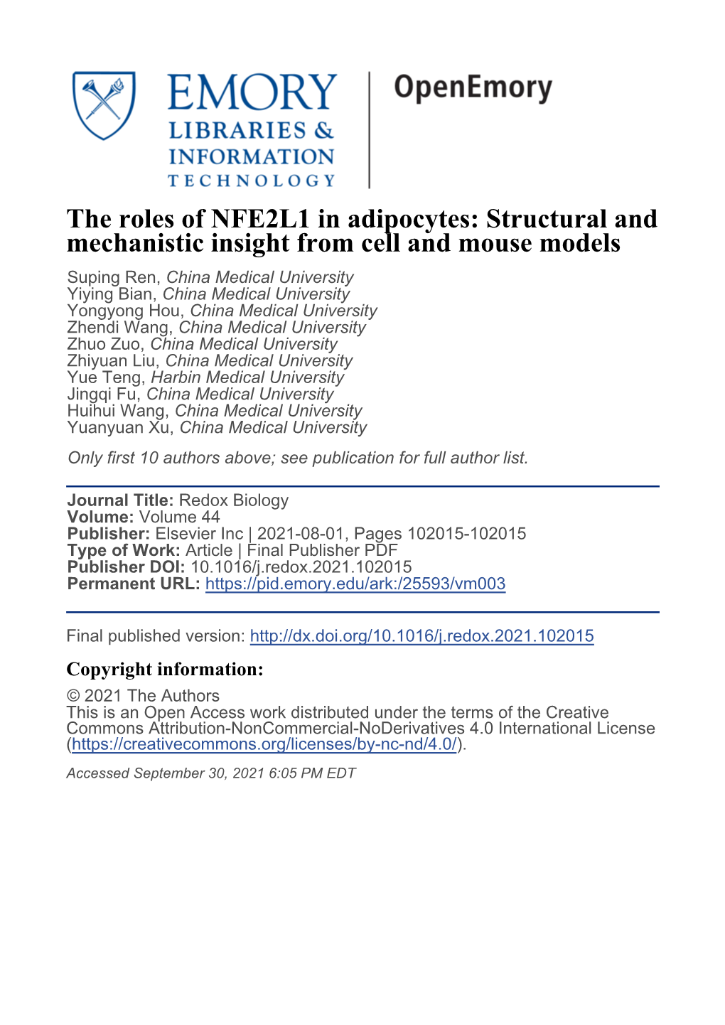 The Roles of NFE2L1 in Adipocytes