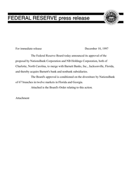 For Immediate Release December 10, 1997 the Federal Reserve Board
