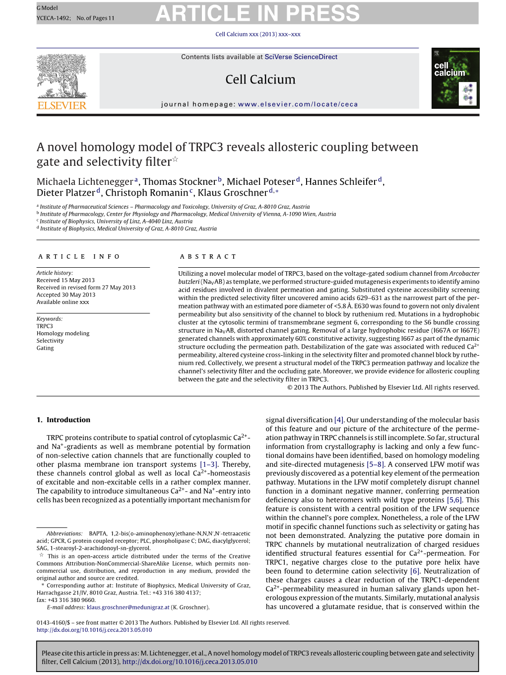 A Novel Homology Model of TRPC3 Reveals Allosteric Coupling Between