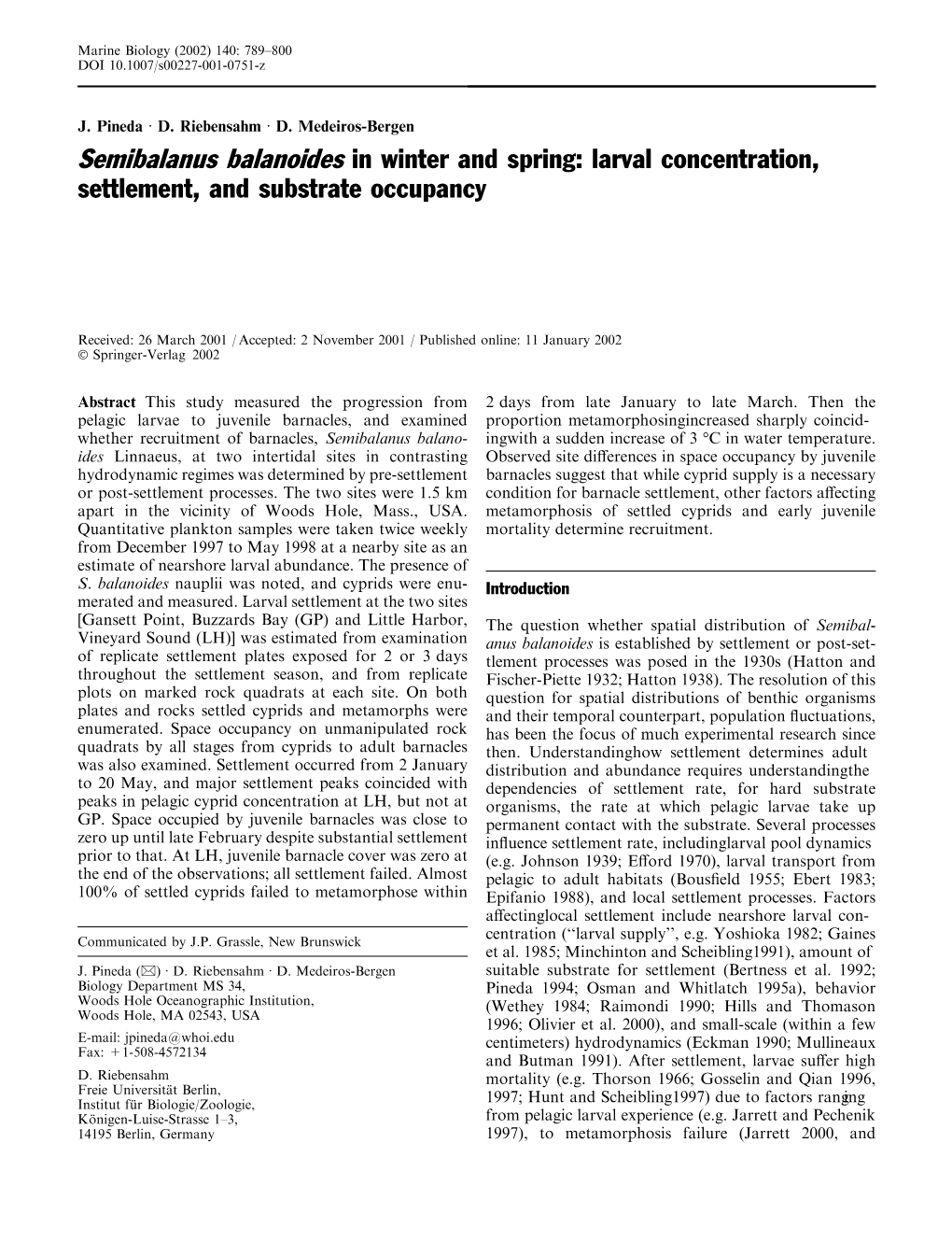 Semibalanus Balanoides in Winter and Spring: Larval Concentration, Settlement, and Substrate Occupancy