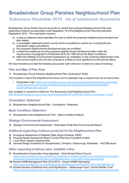 Broadwindsor Group Parishes Neighbourhood Plan Submission November 2018 : List of Submission Documents