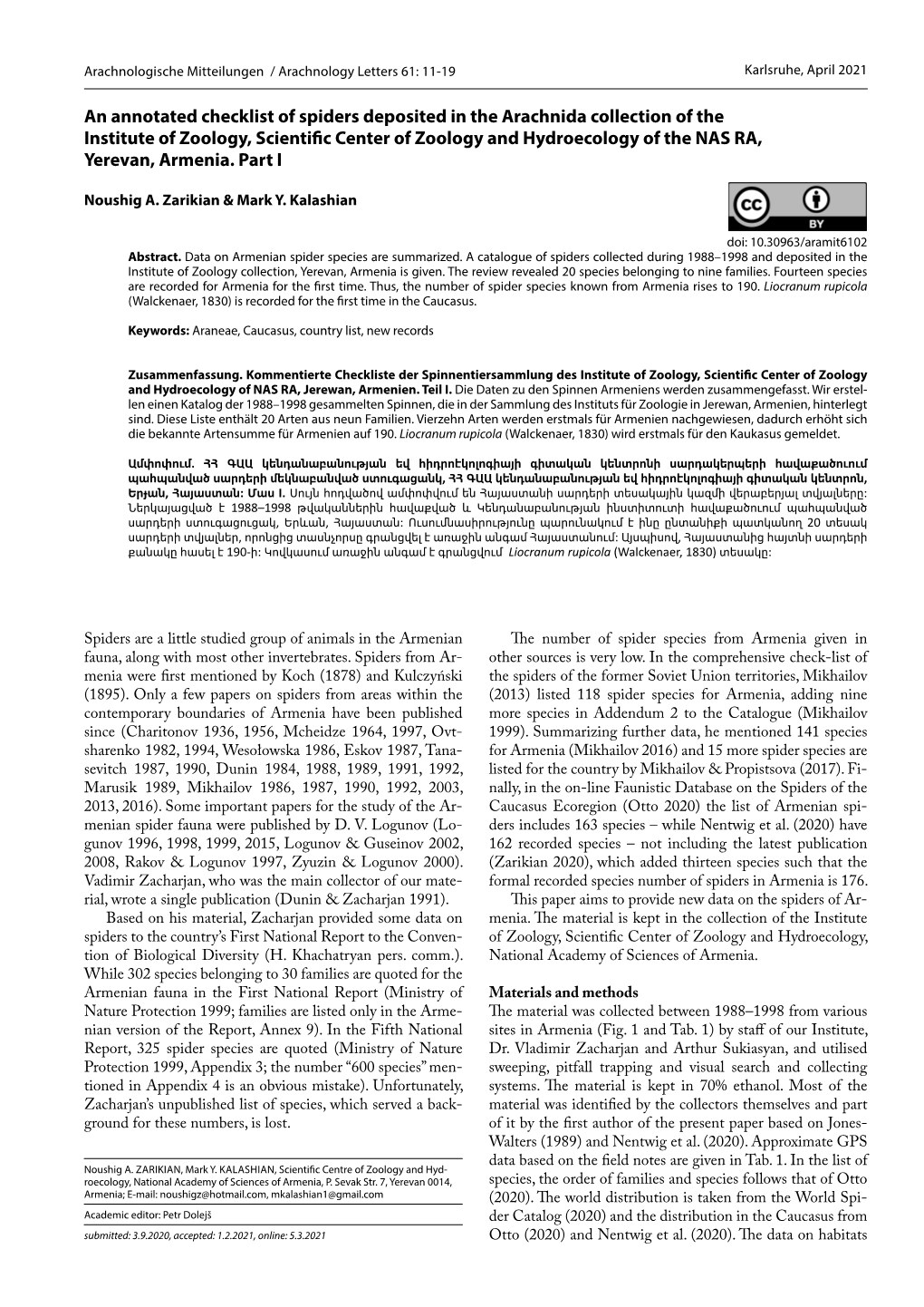 An Annotated Checklist of Spiders Deposited in the Arachnida