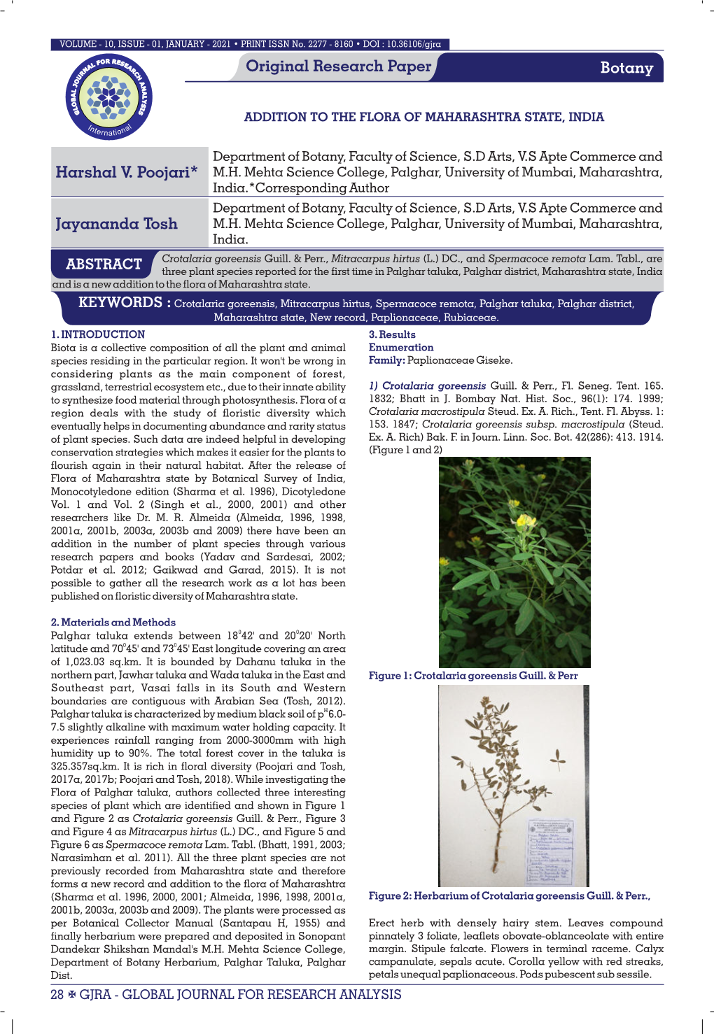 Original Research Paper Harshal V. Poojari* Botany Jayananda Tosh