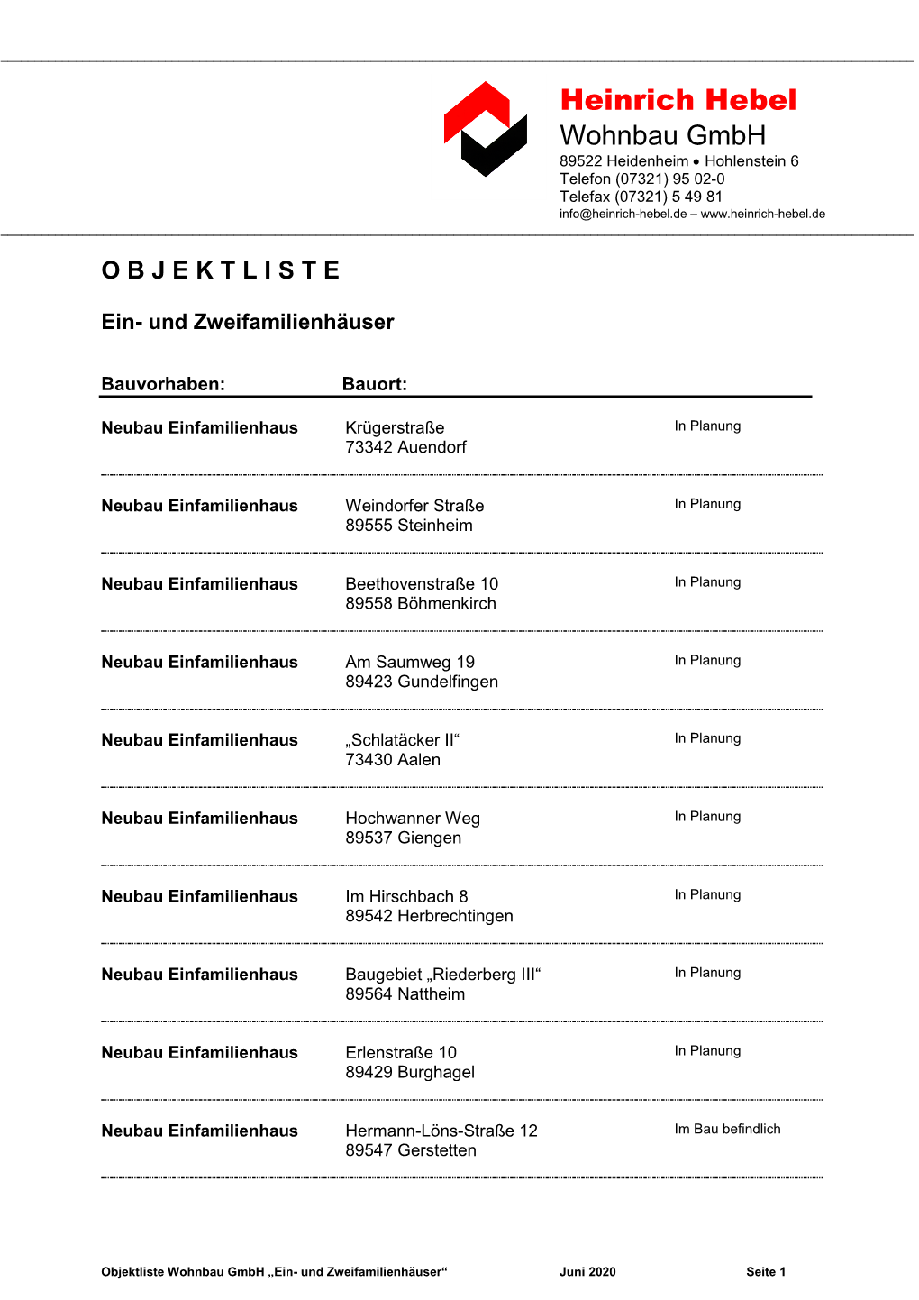 Heinrich Hebel Wohnbau Gmbh • Hohlenstein 6 • 89522 Heidenheim