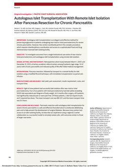 Autologous Islet Transplantation with Remote Islet Isolation After Pancreas Resection for Chronic Pancreatitis