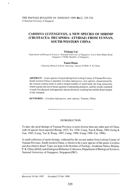 Caridina Lufengensis, a New Species of Shrimp (Crustacea: Decapoda: Atyidae) from Yunnan, South-Western China