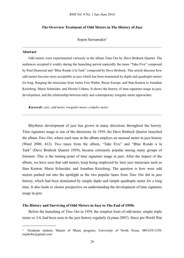 The Overview Treatment of Odd Meters in the History of Jazz Sopon Suwannakit1 Abstract Rhythmic Development of Jazz Has Grown In