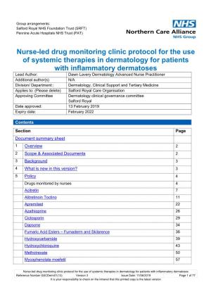 Nurse-Led Drug Monitoring Clinic Protocol for the Use of Systemic Therapies in Dermatology for Patients
