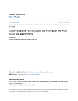 Analytic Exoplanet Transit Analysis, and Investigation Into WASP, Kepler, and Qatar Systems