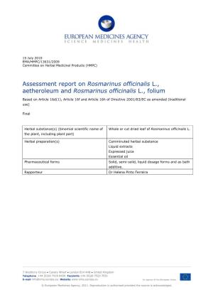 Assessment Report on Rosmarinus Officinalis L., Aetheroleum and Rosmarinus Officinalis L., Folium
