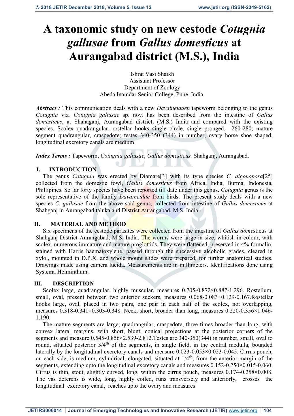 A Taxonomic Study on New Cestode Cotugnia Gallusae from Gallus Domesticus at Aurangabad District (M.S.), India