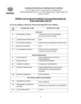 MMRCL List of Selected Candidates & General Instructions for Winter