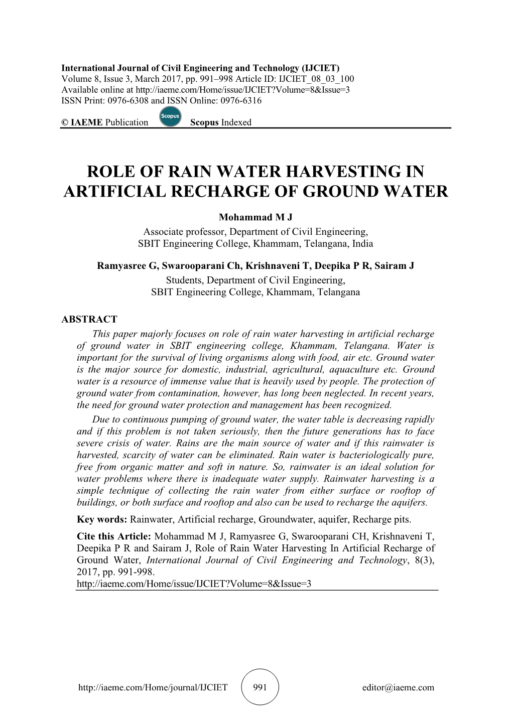 Role of Rain Water Harvesting in Artificial Recharge of Ground Water