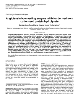 Angiotensin I-Converting Enzyme Inhibitor Derived from Cottonseed Protein Hydrolysate