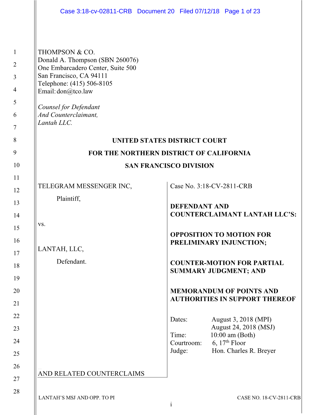 FINAL.Lantah's Opposition to Motion for Preliminary Injunction.071218.WITH TABLES