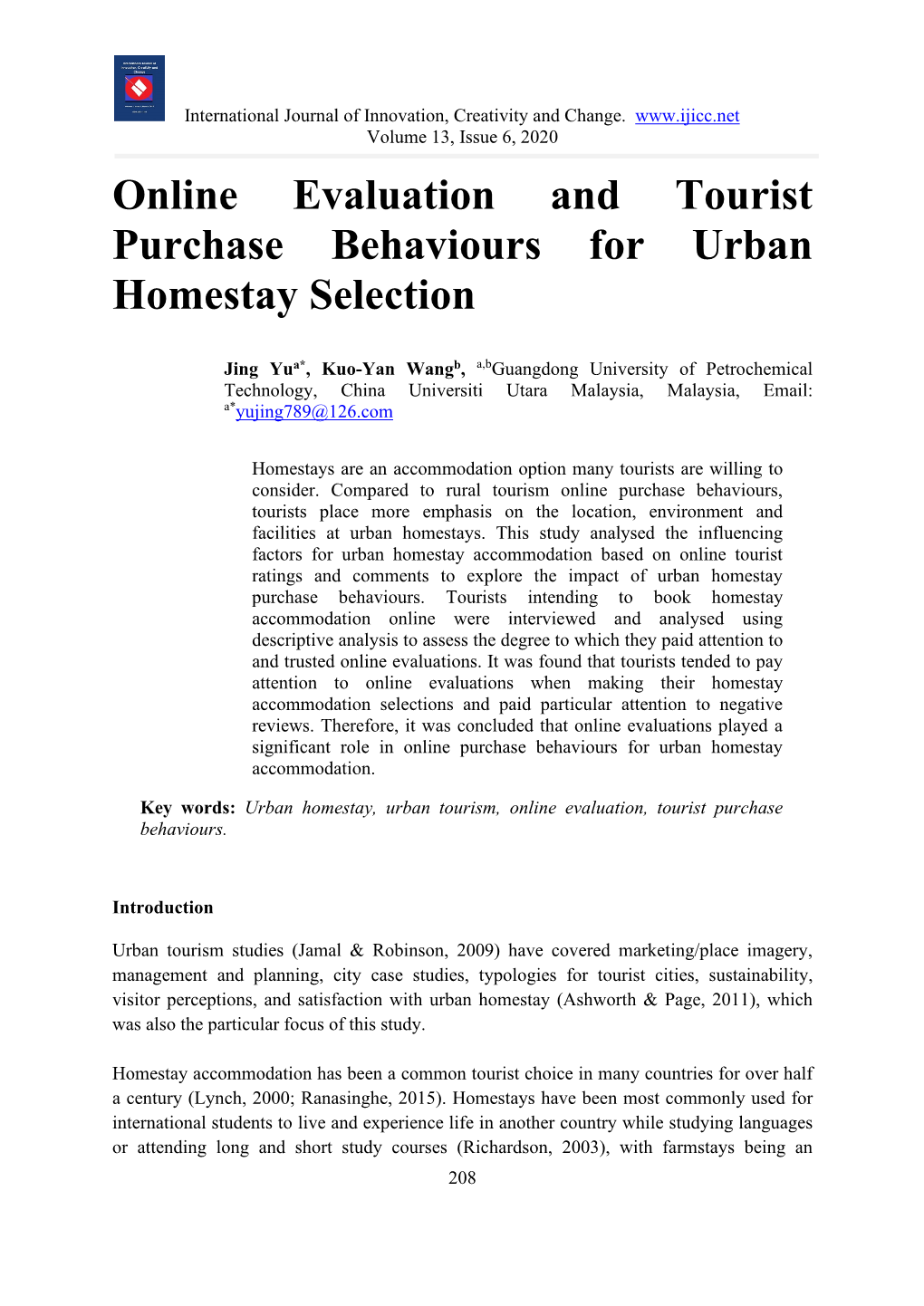 Online Evaluation and Tourist Purchase Behaviours for Urban Homestay Selection