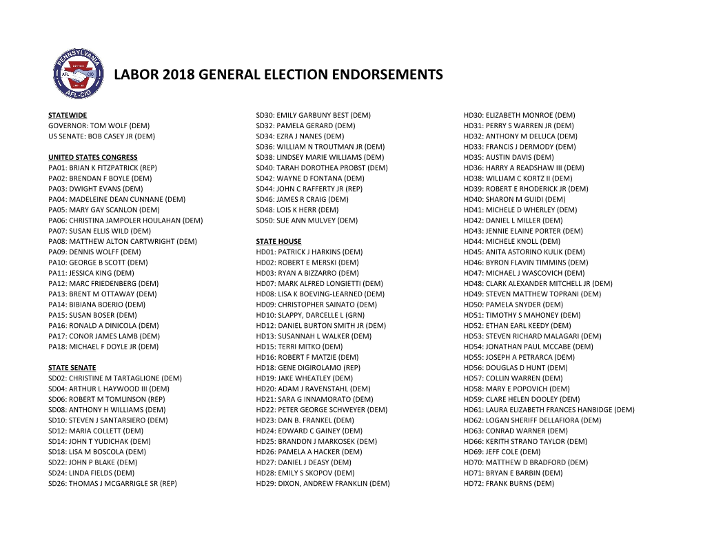 Labor 2018 General Election Endorsements