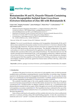 Bistratamides M and N, Oxazole-Thiazole Containing Cyclic Hexapeptides Isolated from Lissoclinum Bistratum Interaction of Zinc (II) with Bistratamide K