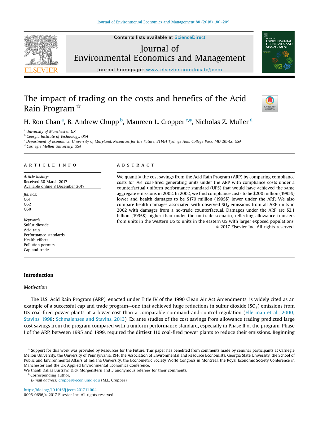 The Impact of Trading on the Costs and Benefits of the Acid Rain Program$