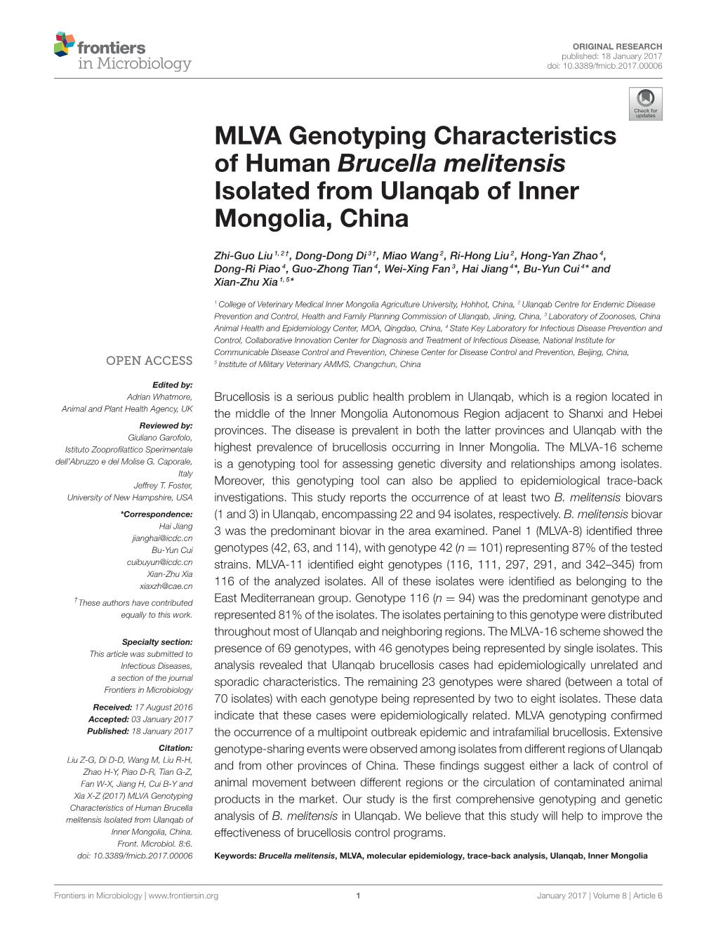 MLVA Genotyping Characteristics of Human Brucella Melitensis Isolated from Ulanqab of Inner Mongolia, China