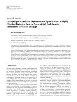 Coccophagus Scutellaris (Hymenoptera: Aphelinidae): a Highly Effective Biological Control Agent of Soft Scale Insects (Hemiptera: Coccidae) in Egypt