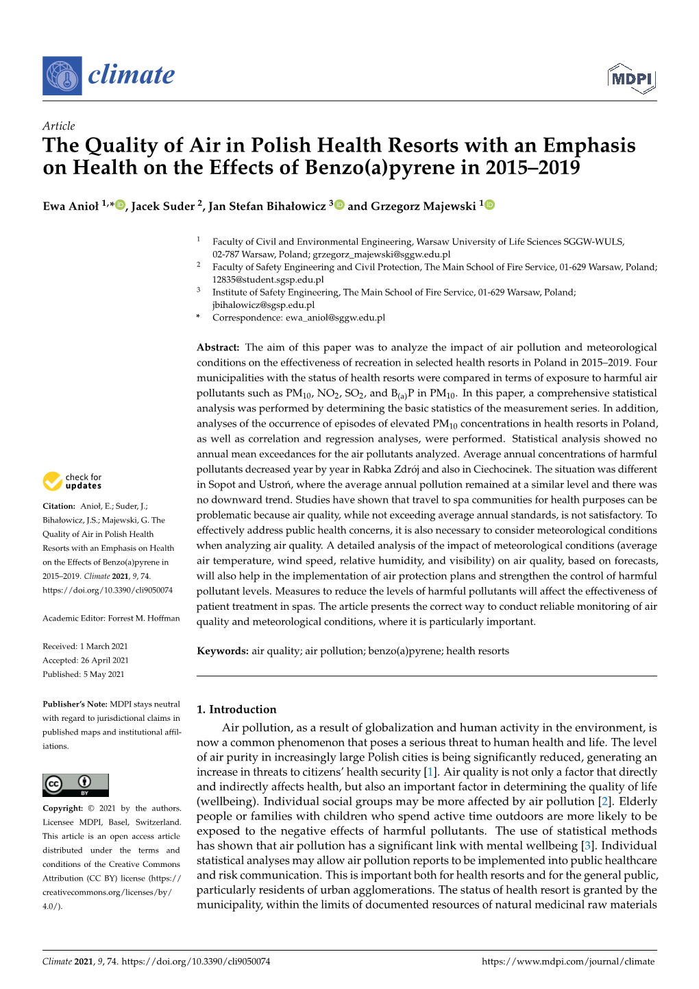 The Quality of Air in Polish Health Resorts with an Emphasis on Health on the Effects of Benzo(A)Pyrene in 2015–2019