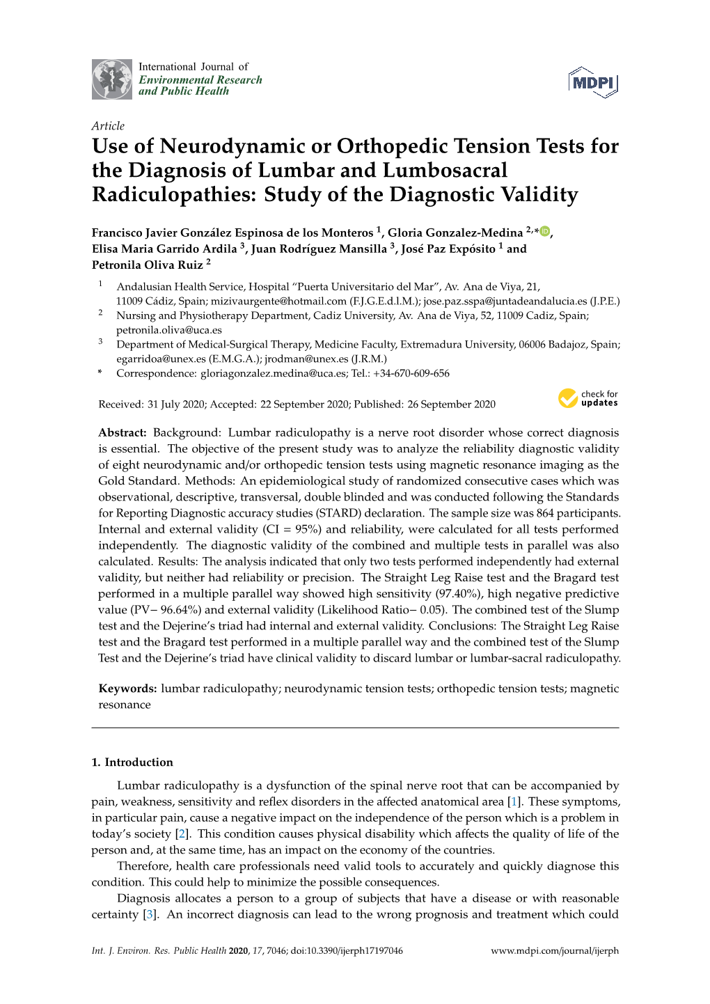 Use of Neurodynamic Or Orthopedic Tension Tests for the Diagnosis of Lumbar and Lumbosacral Radiculopathies: Study of the Diagnostic Validity