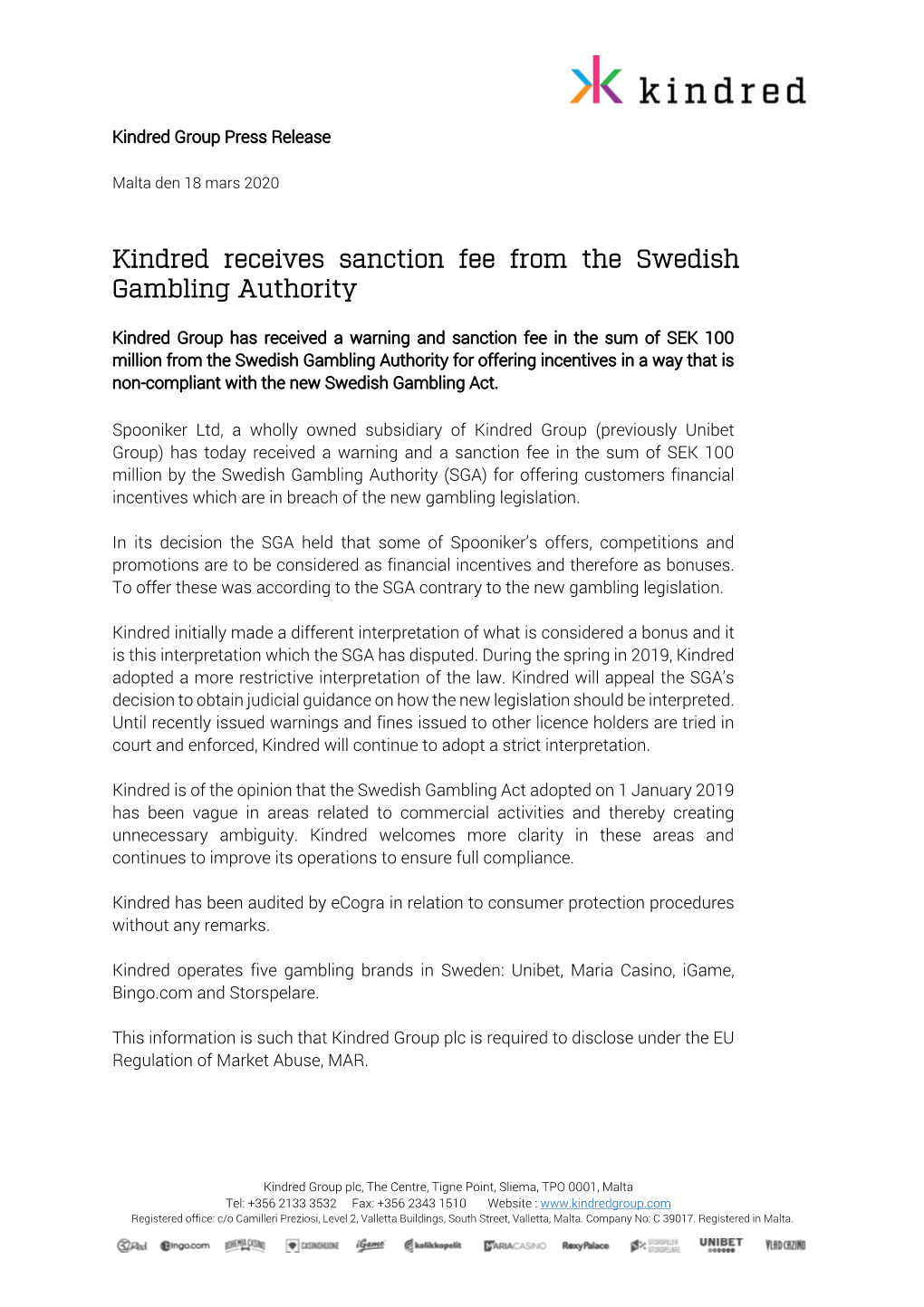 Kindred Receives Sanction Fee from the Swedish Gambling Authority