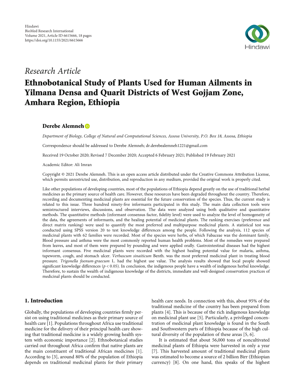 Ethnobotanical Study of Plants Used for Human Ailments in Yilmana Densa and Quarit Districts of West Gojjam Zone, Amhara Region, Ethiopia