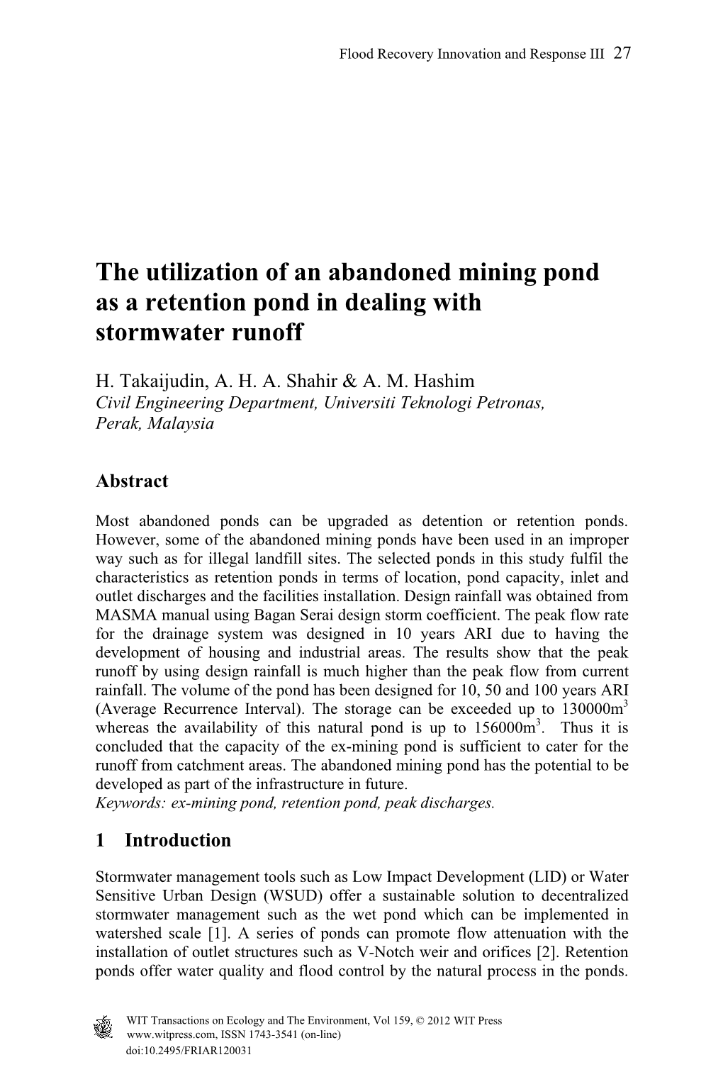 The Utilization of an Abandoned Mining Pond As a Retention Pond in Dealing with Stormwater Runoff