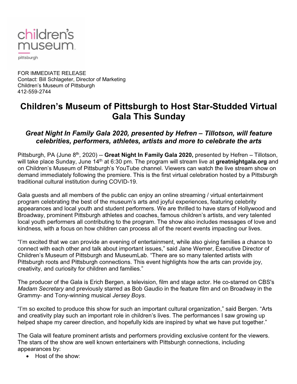 Children's Museum to Host Star-Studded Virtual Gala on June 14