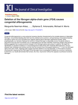 Deletion of the Fibrogen Alpha-Chain Gene (FGA) Causes Congenital Afibrogenemia