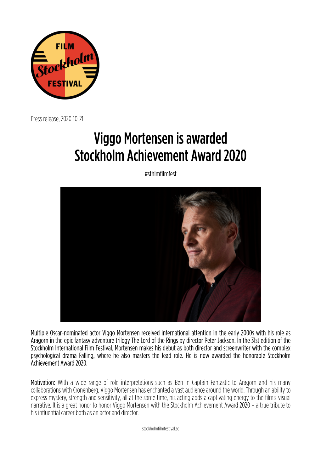 Viggo Mortensen Is Awarded Stockholm Achievement Award 2020