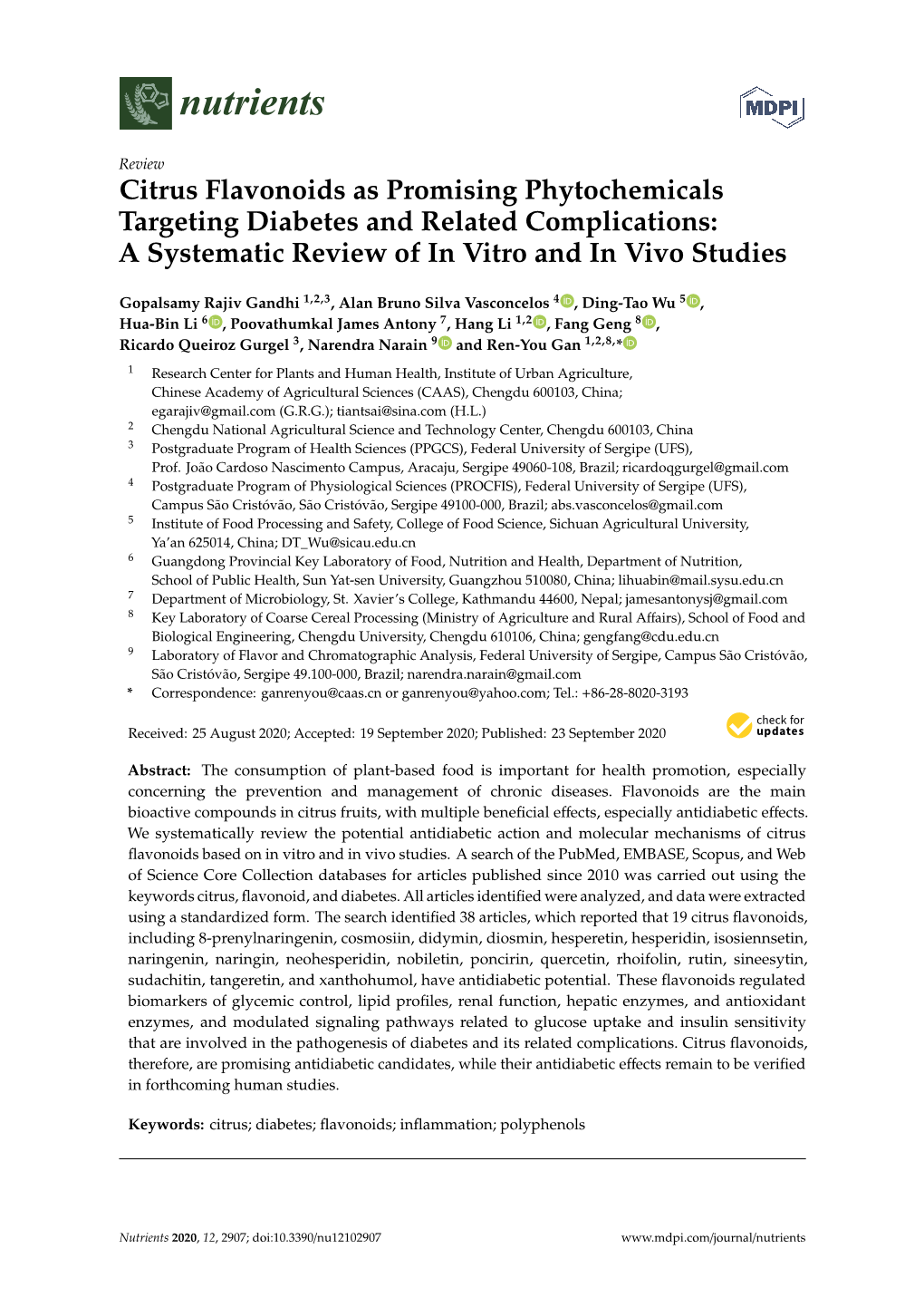 Citrus Flavonoids As Promising Phytochemicals Targeting Diabetes and Related Complications: a Systematic Review of in Vitro and in Vivo Studies