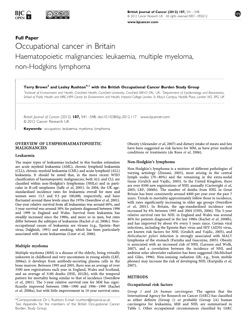 Occupational Cancer in Britain Haematopoietic Malignancies: Leukaemia, Multiple Myeloma, Non-Hodgkins Lymphoma