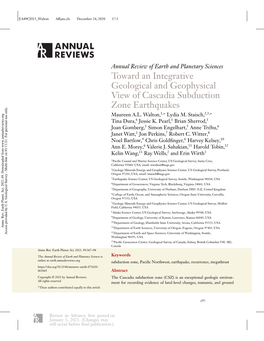 Toward an Integrative Geological and Geophysical View of Cascadia Subduction Zone Earthquakes Maureen A.L