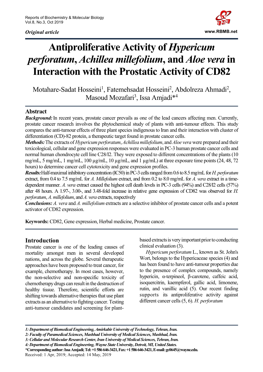 Antiproliferative Activity of Hypericum Perforatum, Achillea Millefolium, and Aloe Vera in Interaction with the Prostatic Activity of CD82