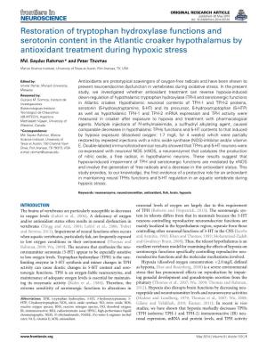 Restoration of Tryptophan Hydroxylase Functions and Serotonin Content in the Atlantic Croaker Hypothalamus by Antioxidant Treatment During Hypoxic Stress