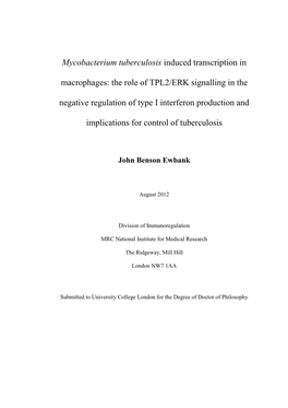 Mycobacterium Tuberculosis Induced Transcription in Macrophages: the Role of TPL2/ERK Signalling in the Negative Regulation of T