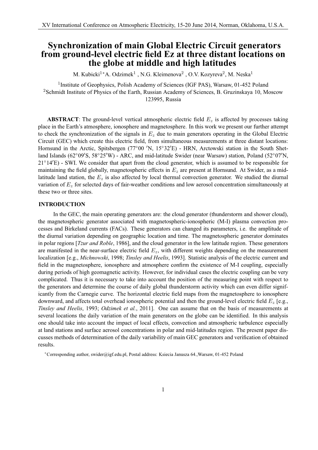 Synchronization of Main Global Electric Circuit Generators from Ground-Level Electric Field Ez at Three Distant Locations On