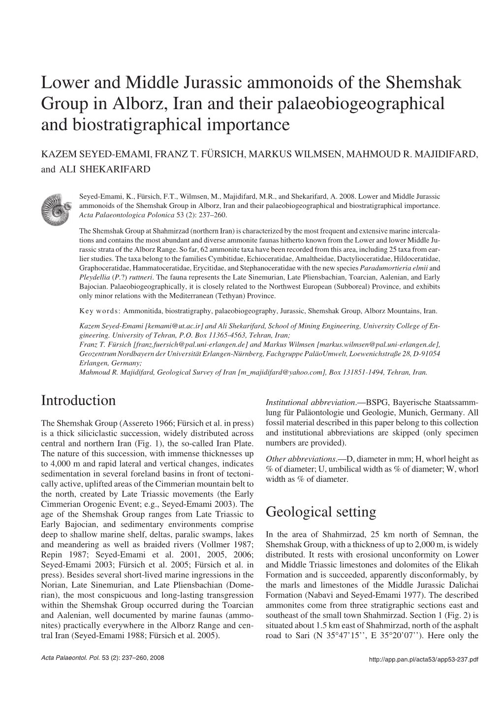 Lower and Middle Jurassic Ammonoids of the Shemshak Group in Alborz, Iran and Their Palaeobiogeographical and Biostratigraphical Importance