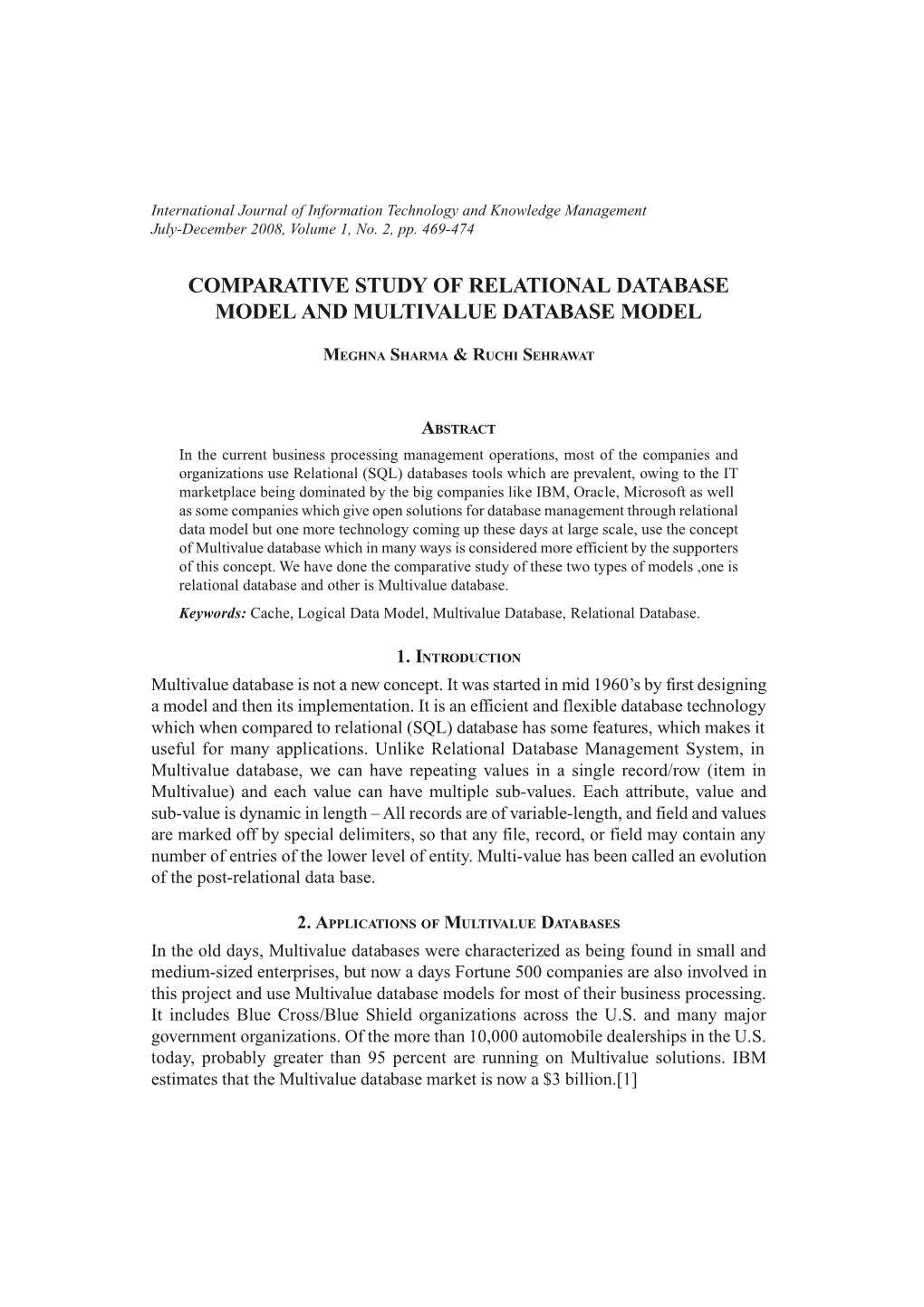 Comparative Study O. Relational Database Model and Multivalue Database Model